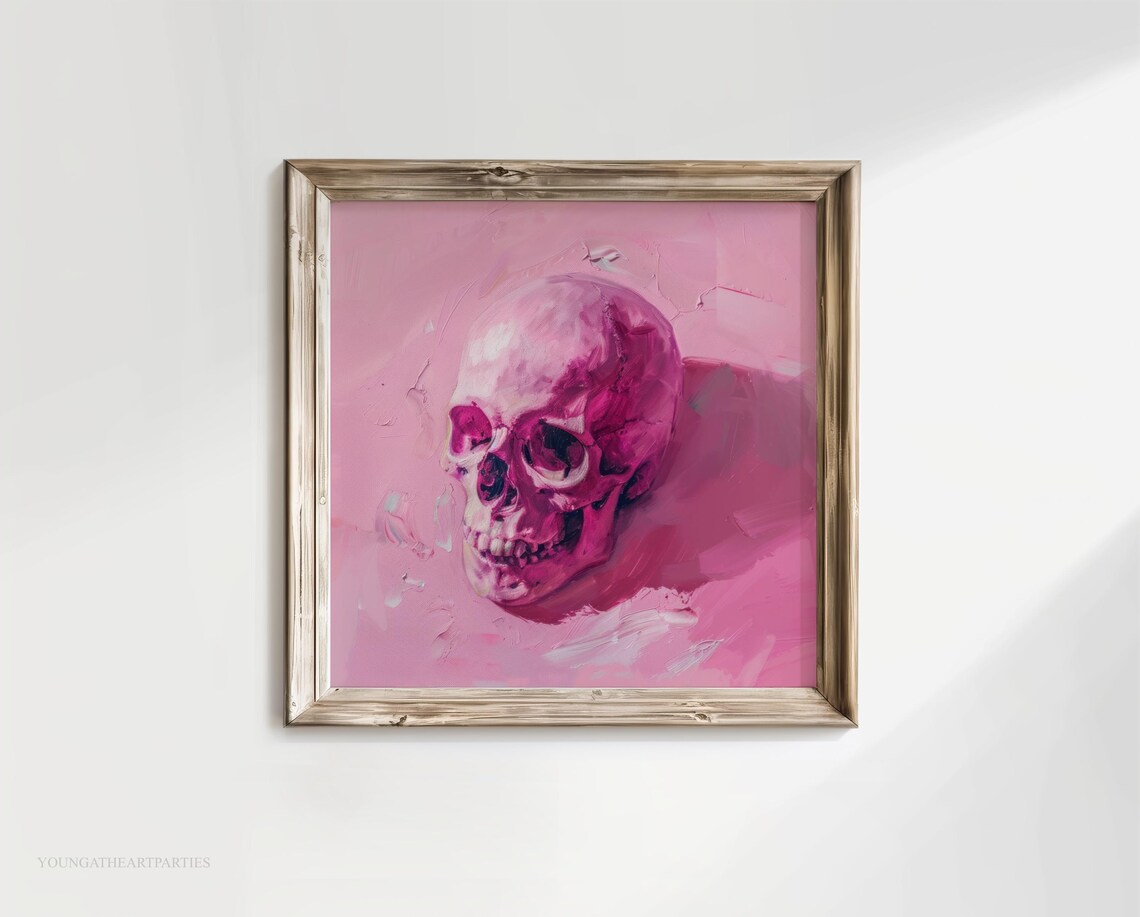 Hot Pink Gothic Skull Oil Painting Art Print Trendy Pink Halloween Art Pink Girly Halloween Skull Wall Art Creepy Pink Skull Art - Image 6