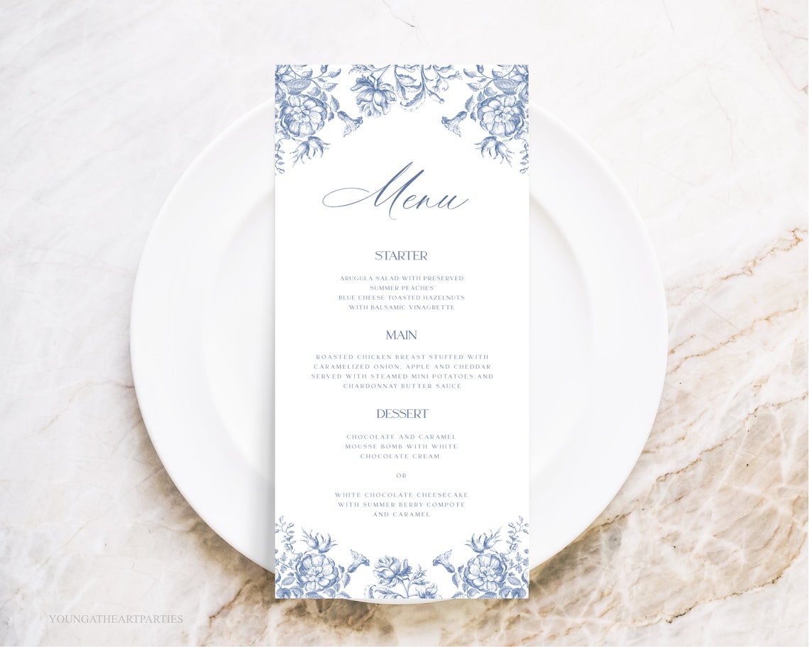Elegant Blue Toile Floral Wedding Menu Card Fine Dining Poster