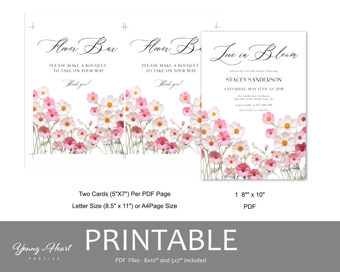 Pink Cosmos Flower Bar Make A Bouquet Wedding Party Sign Print - Image 3