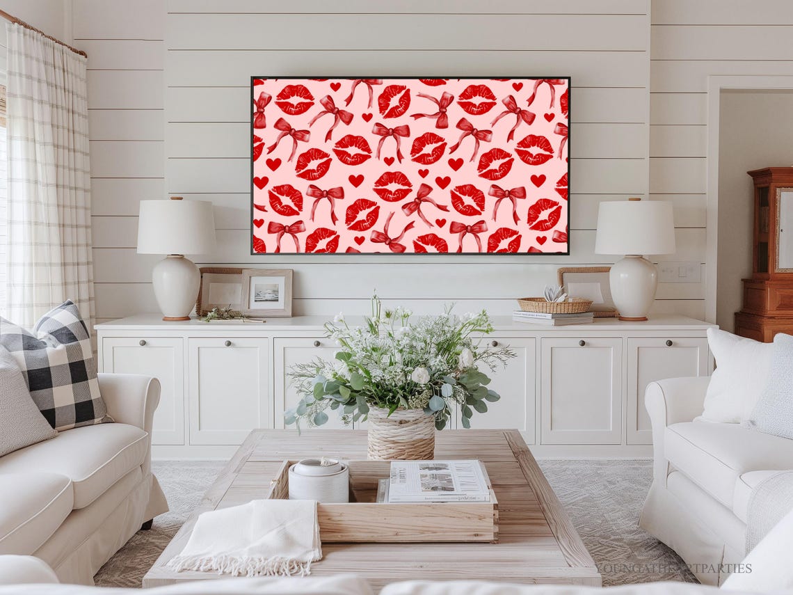 Coquette Girly Red Lips and Bows Pattern Pink Valentine Poster - Image 3