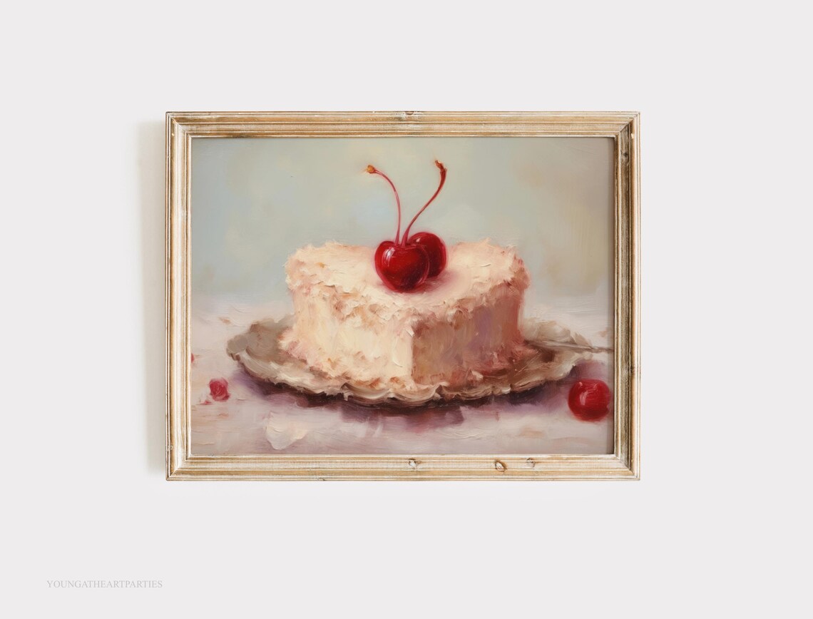 Cherry Heart Cake Oil Painting Art Print Bakery Wall Art Coquette Cake Art Print Vintage Coquette Cake Food Illustration Painting - Image 6