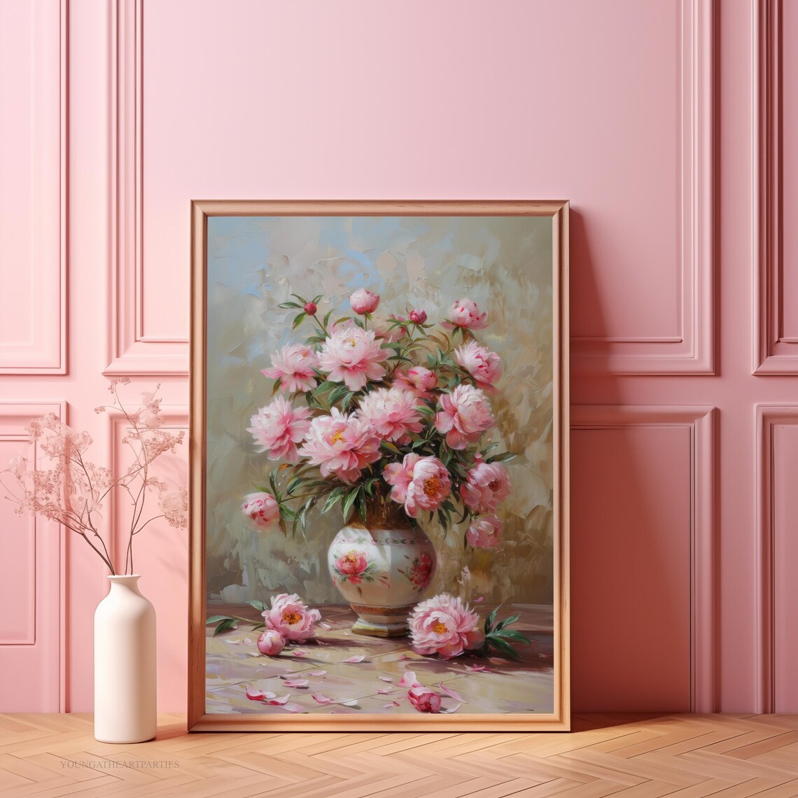 Pink Peonies Oil Painting Bouquet Vase Floral Still Life Art Print
