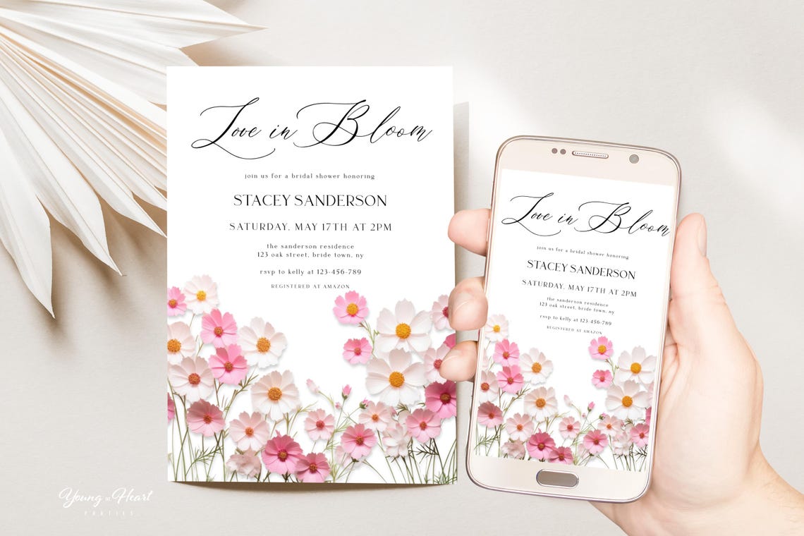 Pink Cosmos Love In Bloom Bridal Shower Invitation Editable Print - Image 5