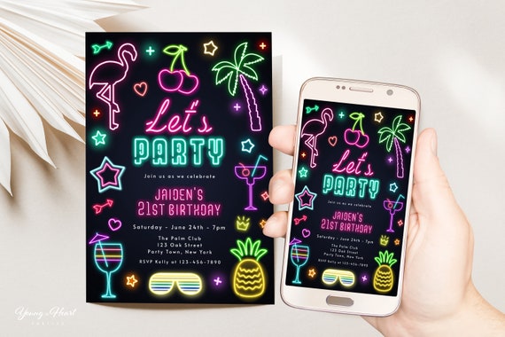 Editable Neon Birthday Party Invitation Neon Invite Template Neon Light Birthday Invitation Any Age Mobile Evite Teen Party