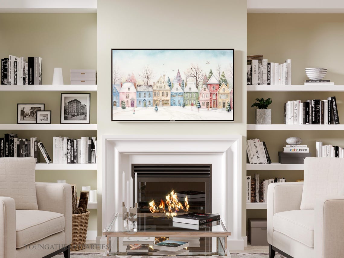 Christmas Frame Tv Art Cozy Pastel Christmas Village Homes Christmas Art Oil Painting Snowy Small Town Street Holiday Wall Decor Xmas - Image 6