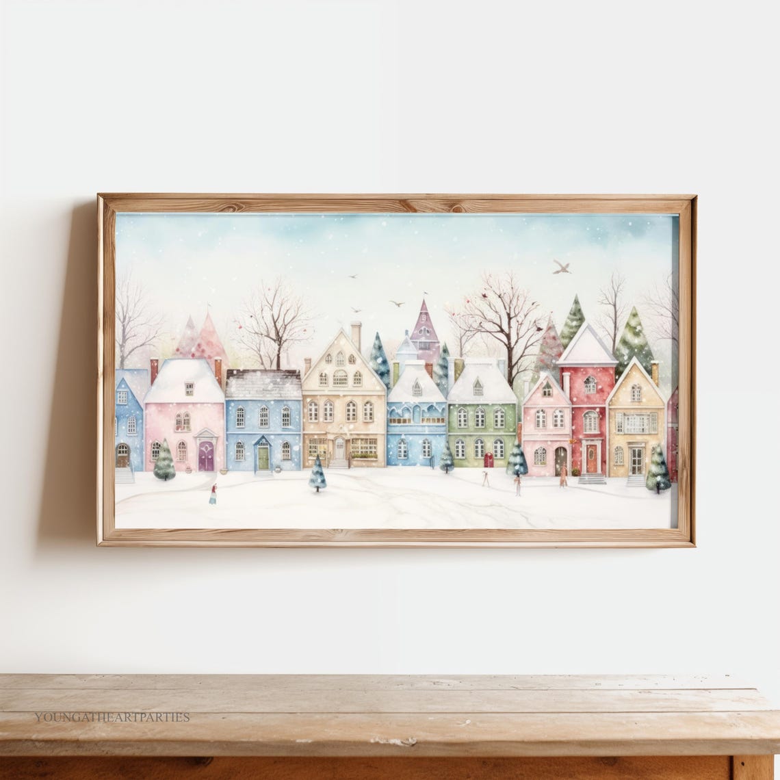 Christmas Frame Tv Art Cozy Pastel Christmas Village Homes Christmas Art Oil Painting Snowy Small Town Street Holiday Wall Decor Xmas - Image 2