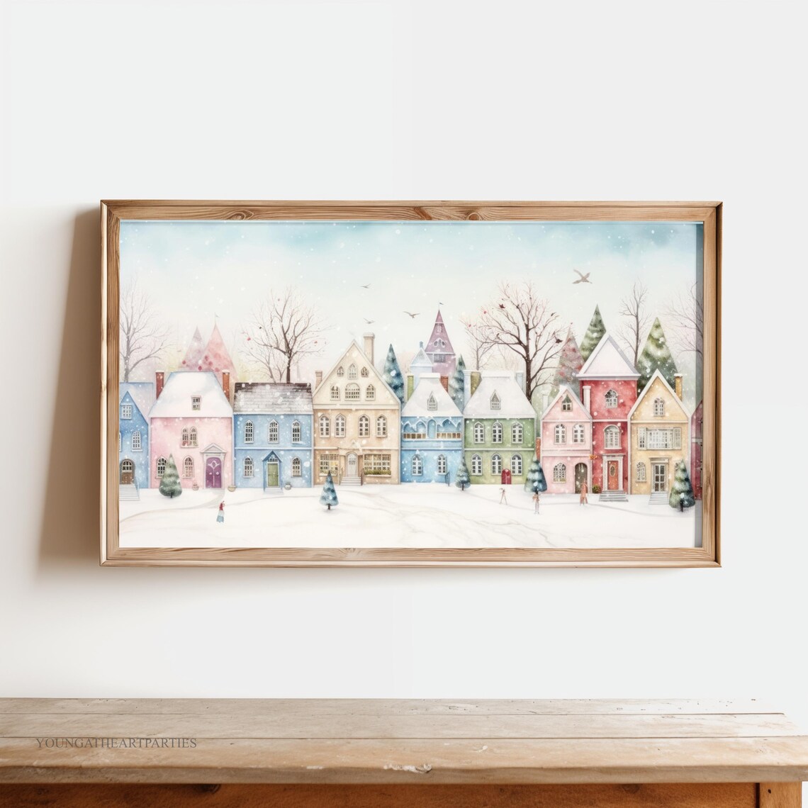 Cozy Pastel Christmas Village Homes Watercolor Snowy Holiday Print - Image 2