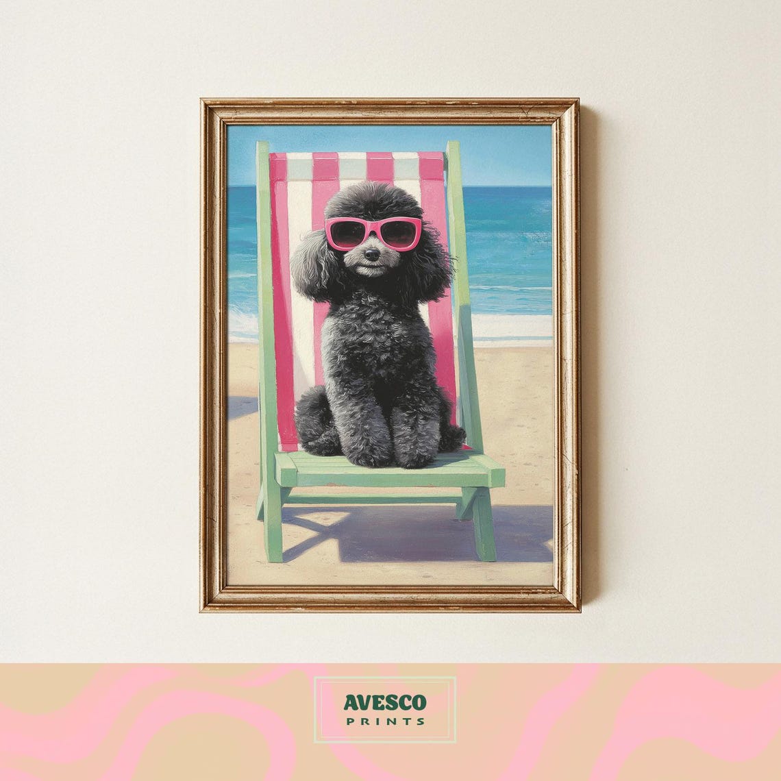 Black Poodle On Beach Chair Art Print Summer Dog Wall Decor