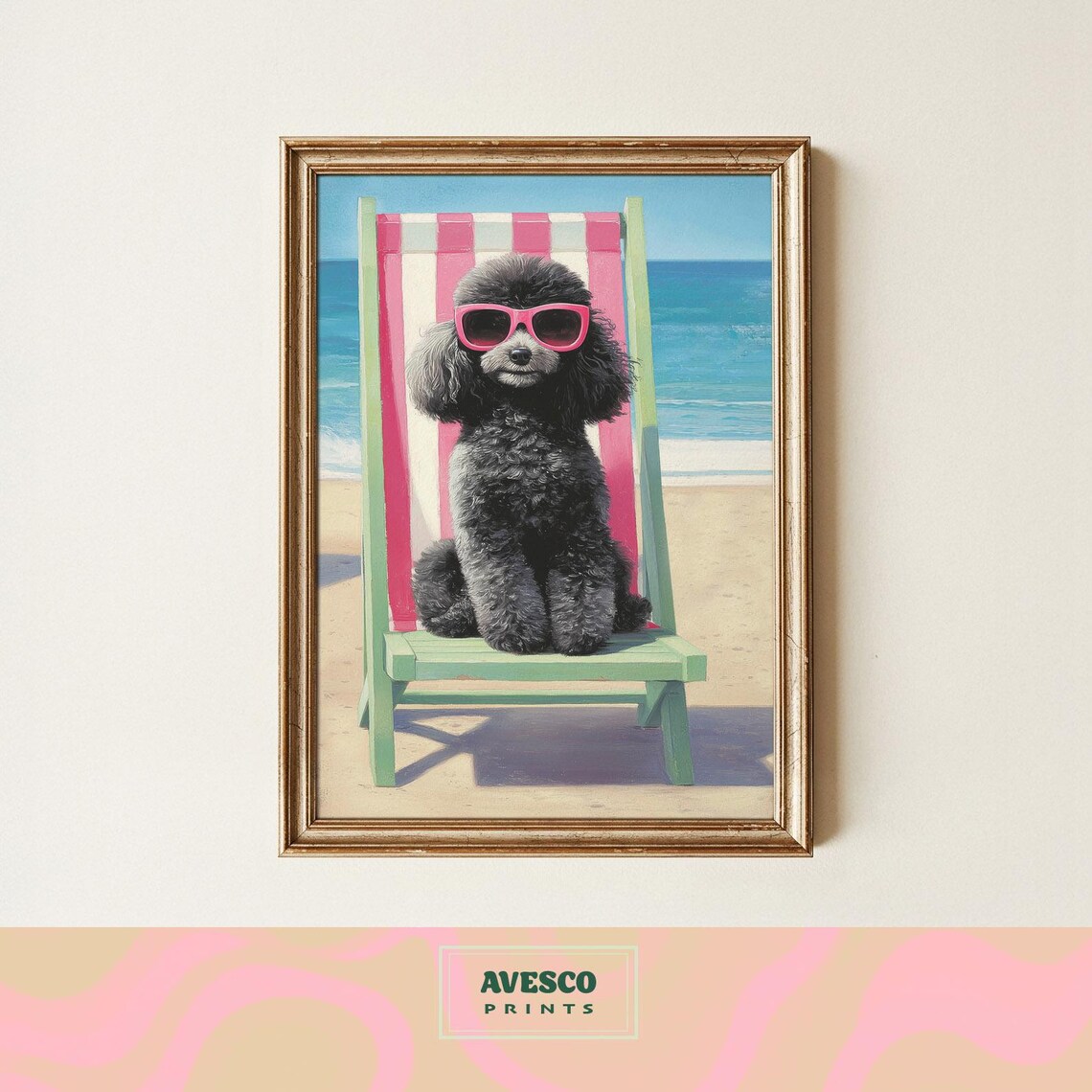 Black Poodle On Beach Chair, Summer Dog Art Print