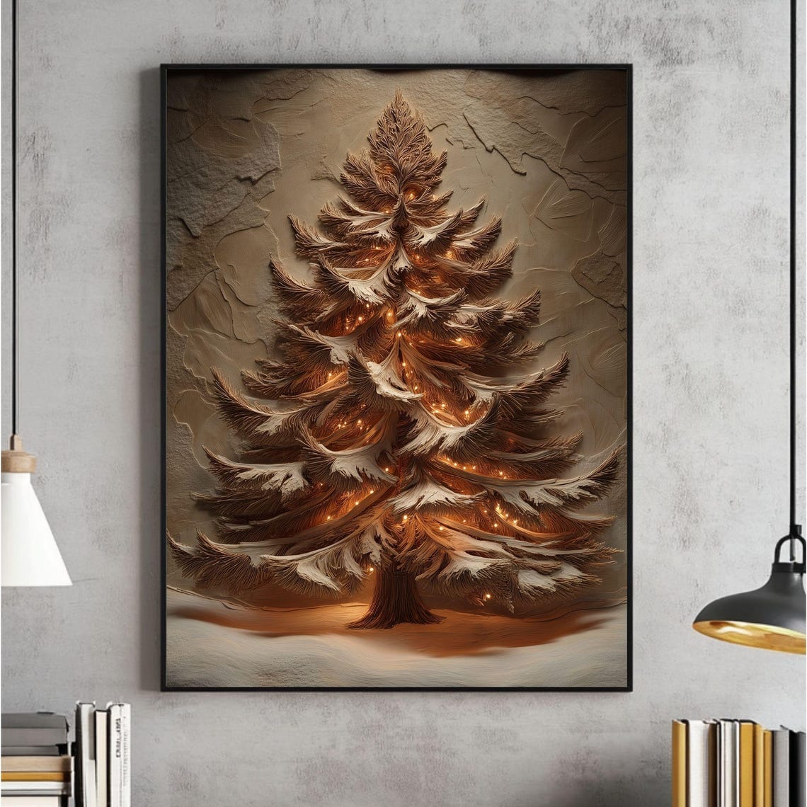 Rustic Neutral Christmas Tree Fairy Lights Textured Art Poster