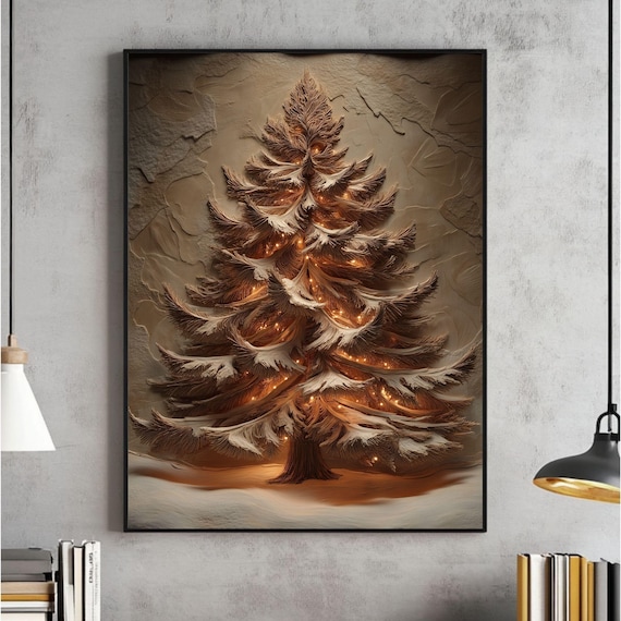 Rustic Neutral Christmas Tree Fairy Lights Textured Art Poster
