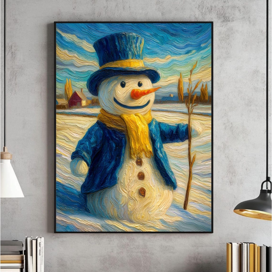 Smiling Snowman In Blue Top Hat Impasto Winter Painting Poster