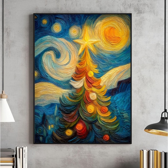 Starry Night Christmas Tree Impasto Van Gogh Style Art Poster