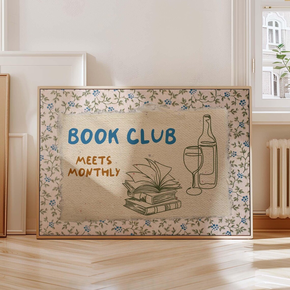Book Club Meets Monthly Beige Linen Floral Border Reader Art Print
