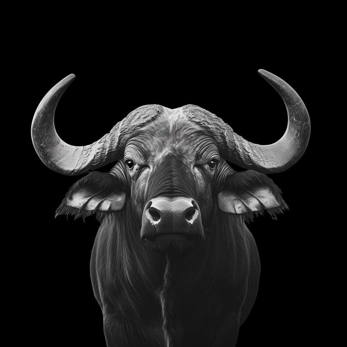 Black and White African Buffalo Portrait Wildlife Art Poster - Image 3