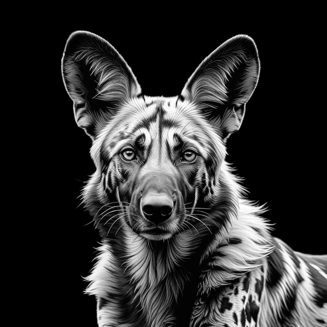 Black and White African Wild Dog Portrait Wildlife Art Poster - Image 5