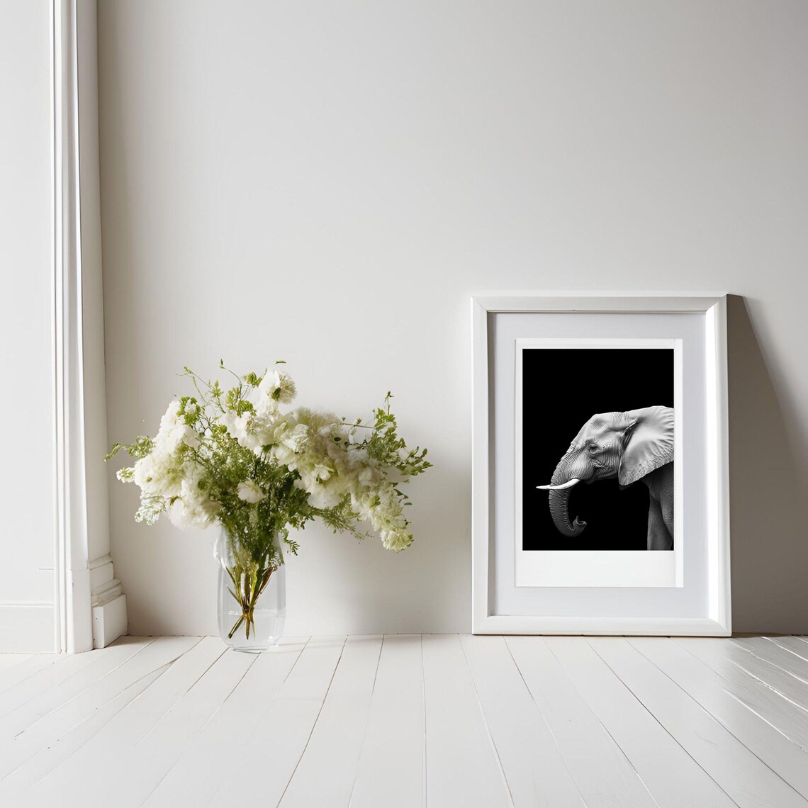 Black and White Elephant Profile Photo Minimalist Wildlife Poster - Image 3