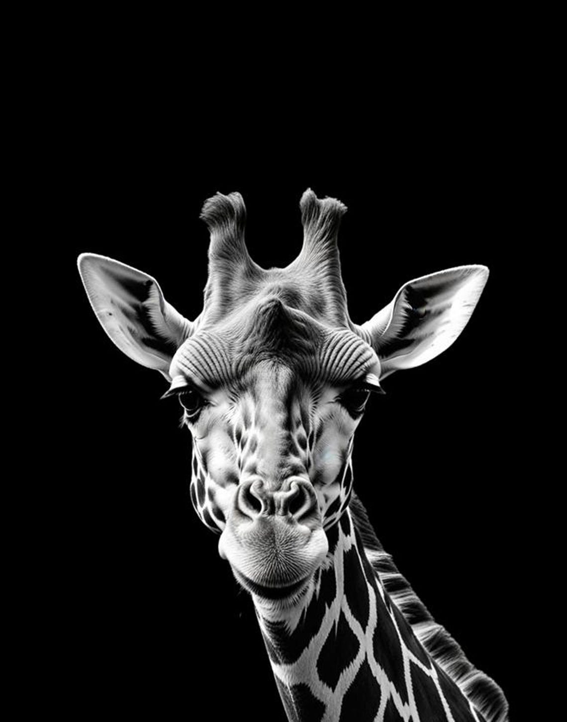 Black And White Giraffe Face Front Portrait Minimalist Wildlife Poster - Image 3