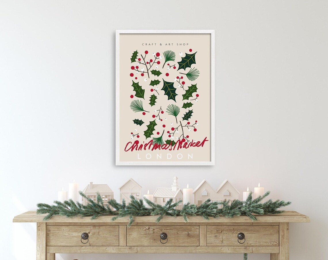 London Christmas Market Holly Berries Botanical Vintage Travel Poster