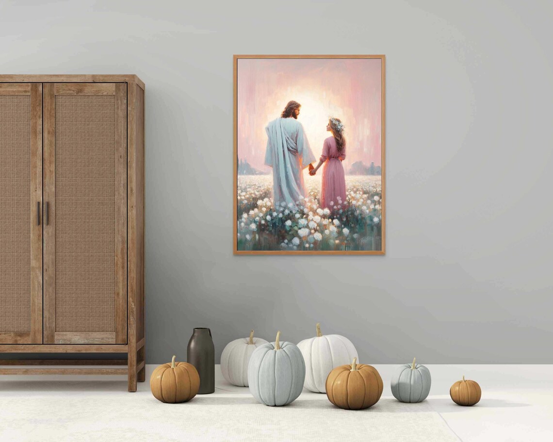 Jesus Holding Hands Woman White Flower Field Sunrise Moment Christian Poster - Image 3
