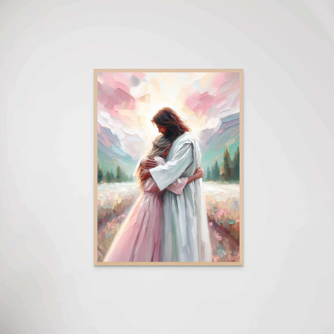Calming Embrace Modern Christian Art Jesus Hugs Girl Jesus And Woman Lds Art Bible Verse Wall Art Jesus Prints Christian Png