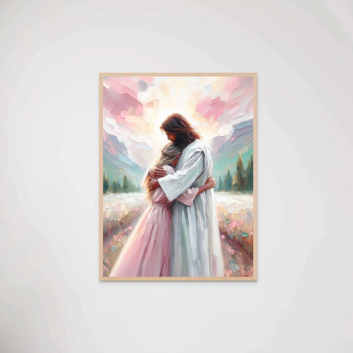 Jesus Embracing Woman Pink Dress Mountain Meadow Impasto Christian Poster