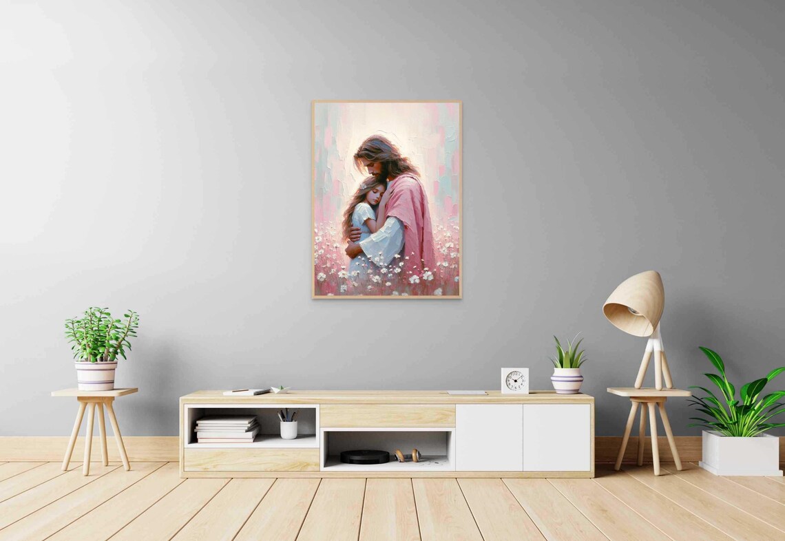 Jesus Hugging Little Girl Blue Dress Impasto Wildflower Field Christian Poster - Image 3