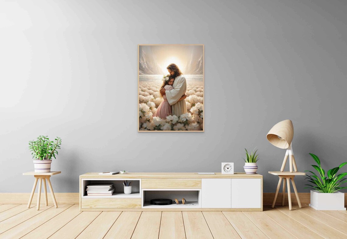 Jesus Hugging Girl Flower Crown White Flower Field Lake Christian Poster - Image 5