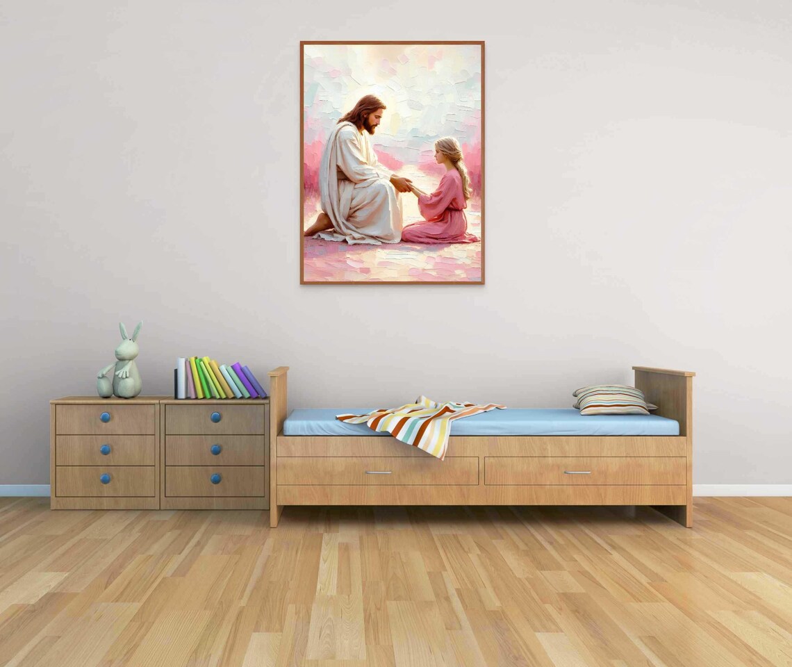 Jesus Kneeling Hand in Hand With Girl in Pink Soft Pastel Art Poster - Image 3