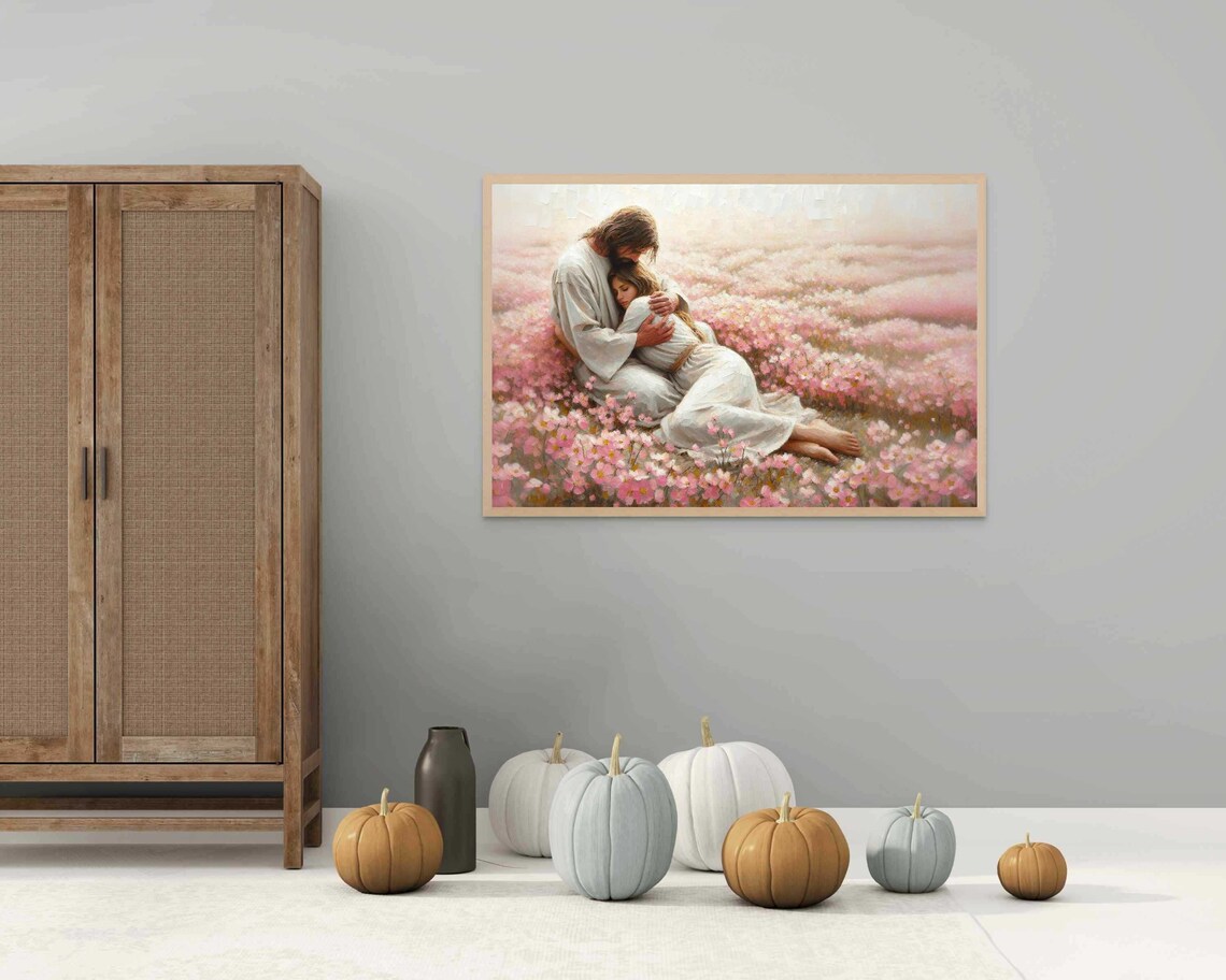 Jesus Embracing Woman in Pink Flower Field Peaceful Art Poster - Image 2