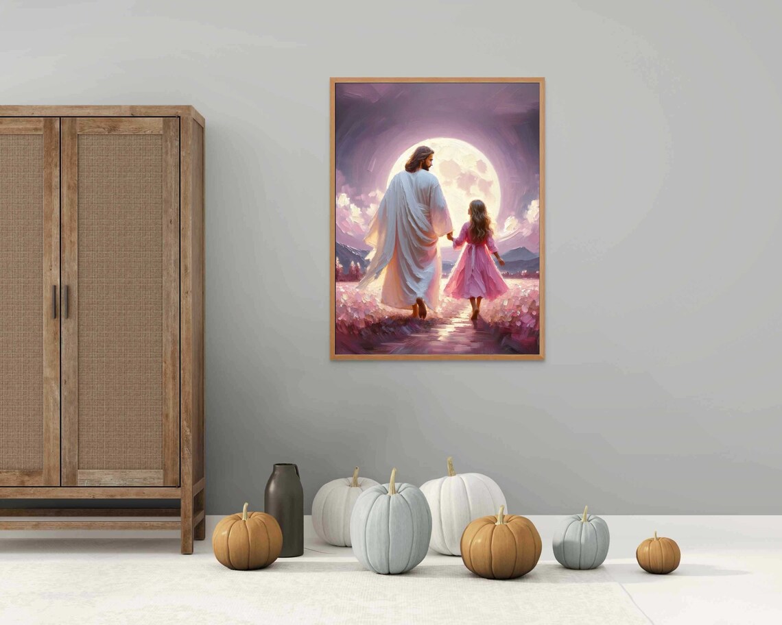 Jesus and Girl Walking Toward the Moon in Pink Night Art Poster - Image 2