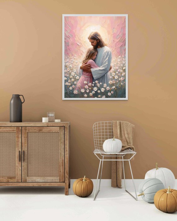 Jesus Christ Hugging Girl Among Daisies in Heavenly Glow Poster