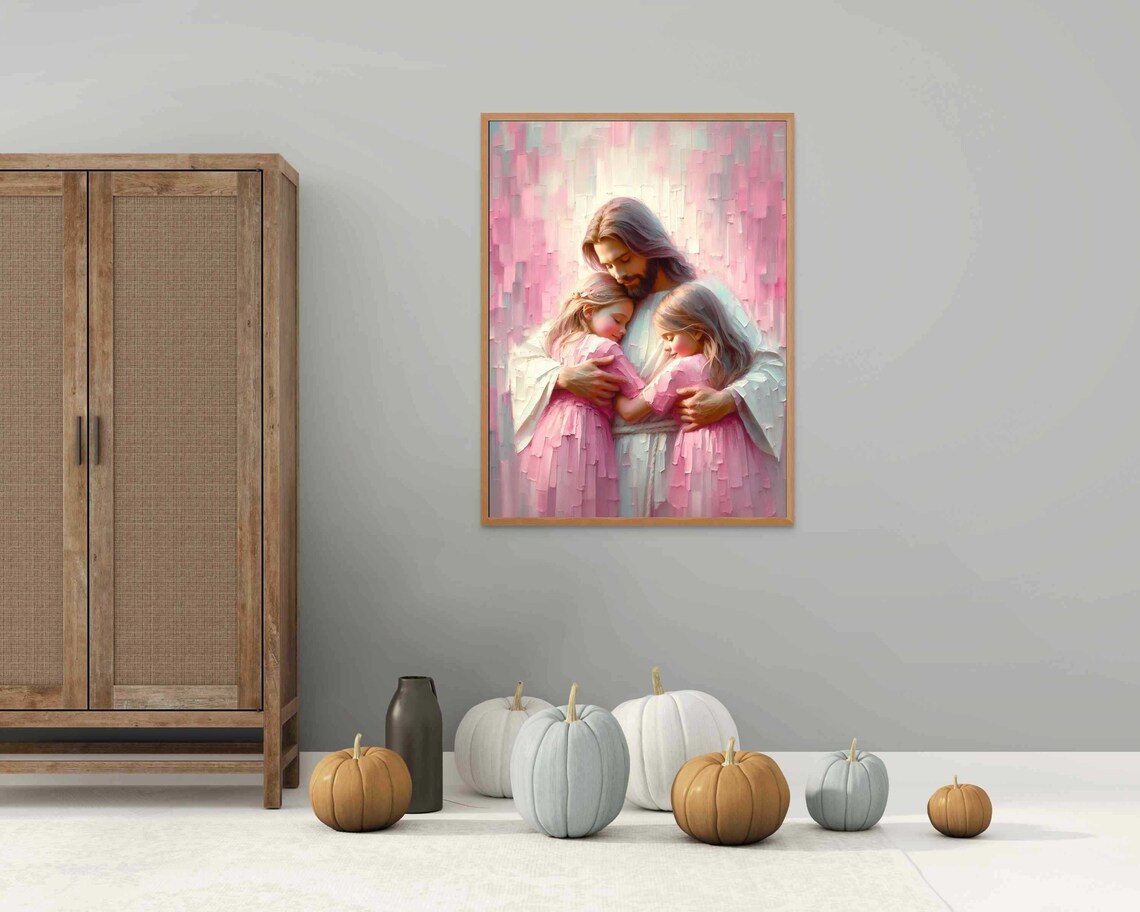 Jesus Hugging Two Little Girls in Soft Pink Impasto Christian Poster - Image 5