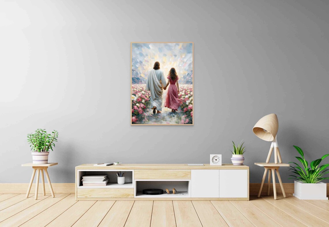 Jesus Walking Hand in Hand With Woman in Flower Field Art Poster - Image 7