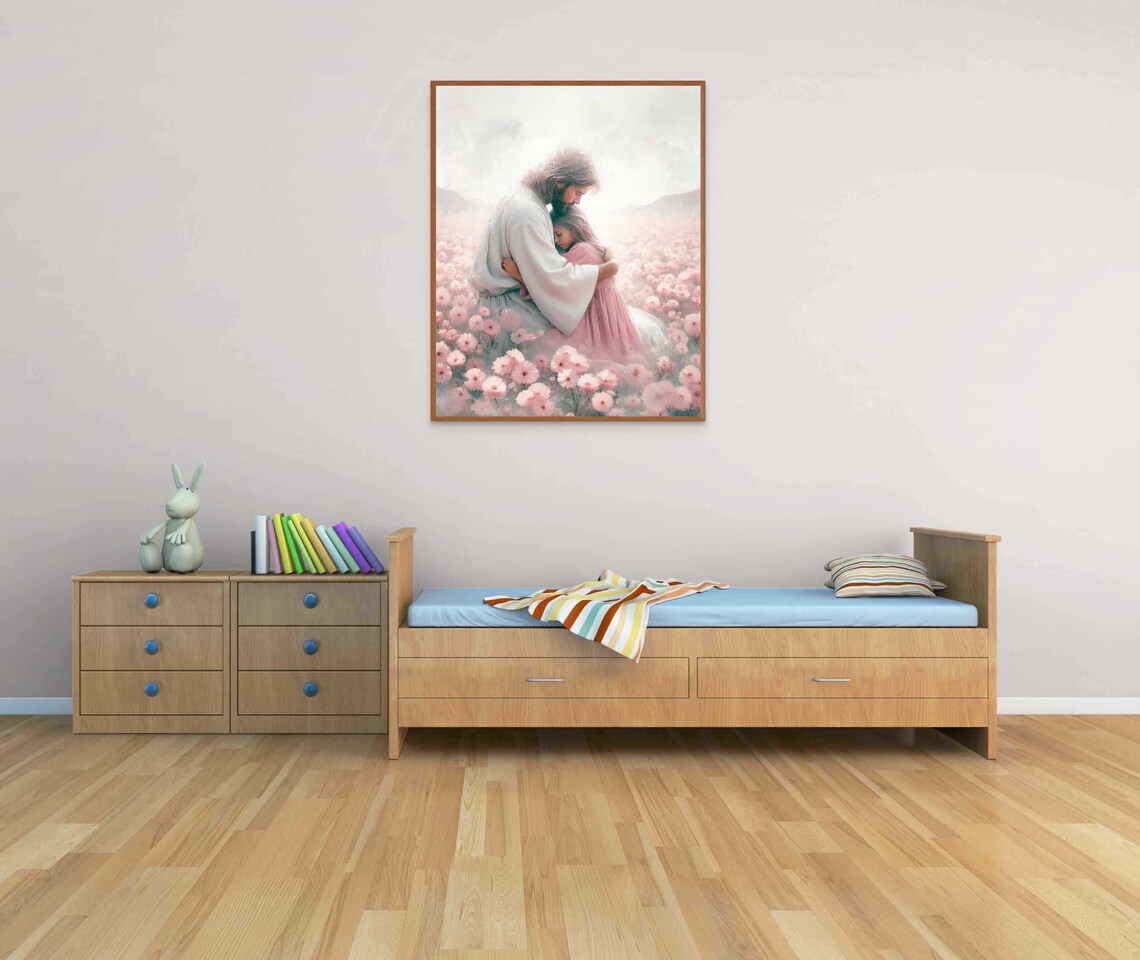 Jesus Embracing Little Girl Soft Pink Cosmos Flower Field Christian Poster - Image 4