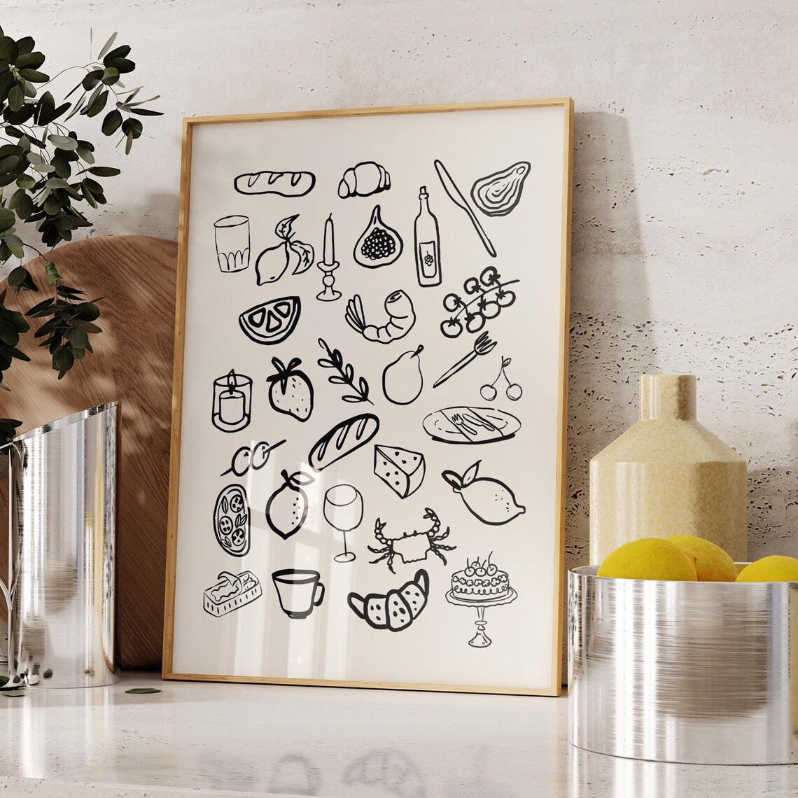 French Kitchen Food Icons Line Art Cooking Sketch Wall Poster