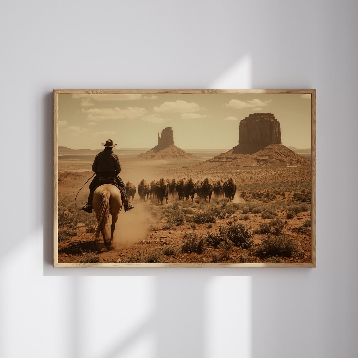 Cowboy Bison Hunt Wall Art Vintage Western Landscape Print Rustic And Decor