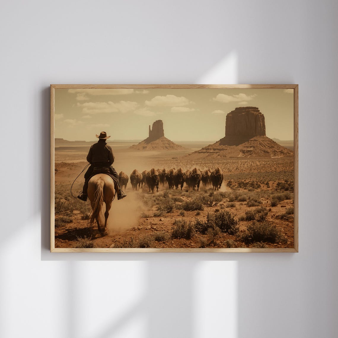 Cowboy Riding Bison Herd Monument Valley Buttes Desert Dust Poster