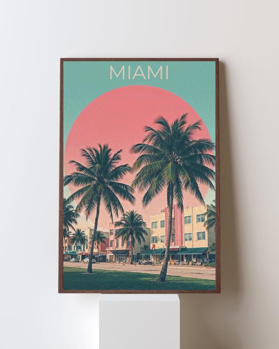 Miami Retro Sunset Palm Trees and Art Deco Hotels Travel Poster