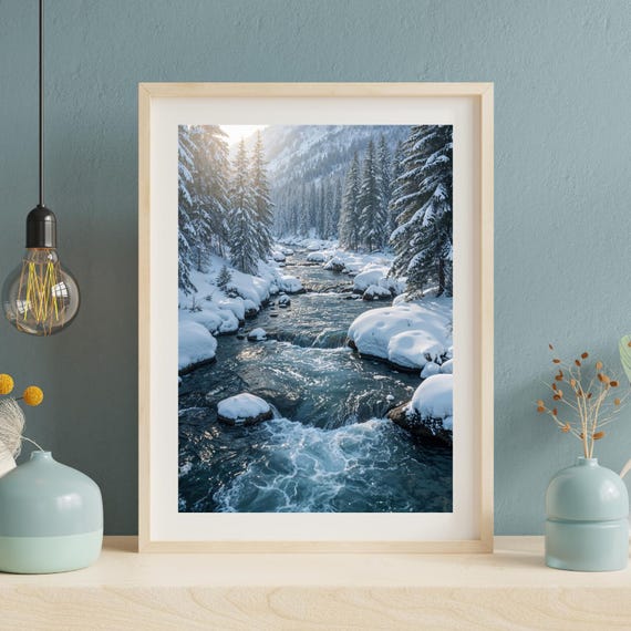 Snowy River Wall Art Peaceful Winter Landscape Realistic Mountain Scene