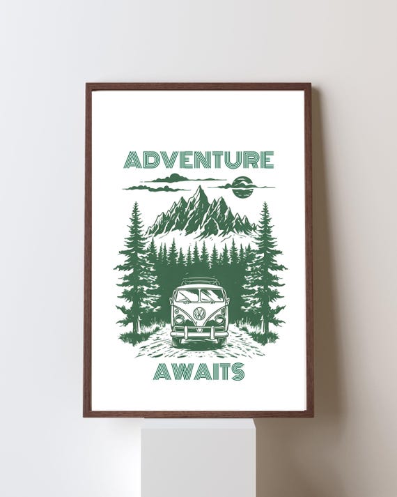 Adventure Wall Art Retro Van Travel Mountain Camping Outdoor Print