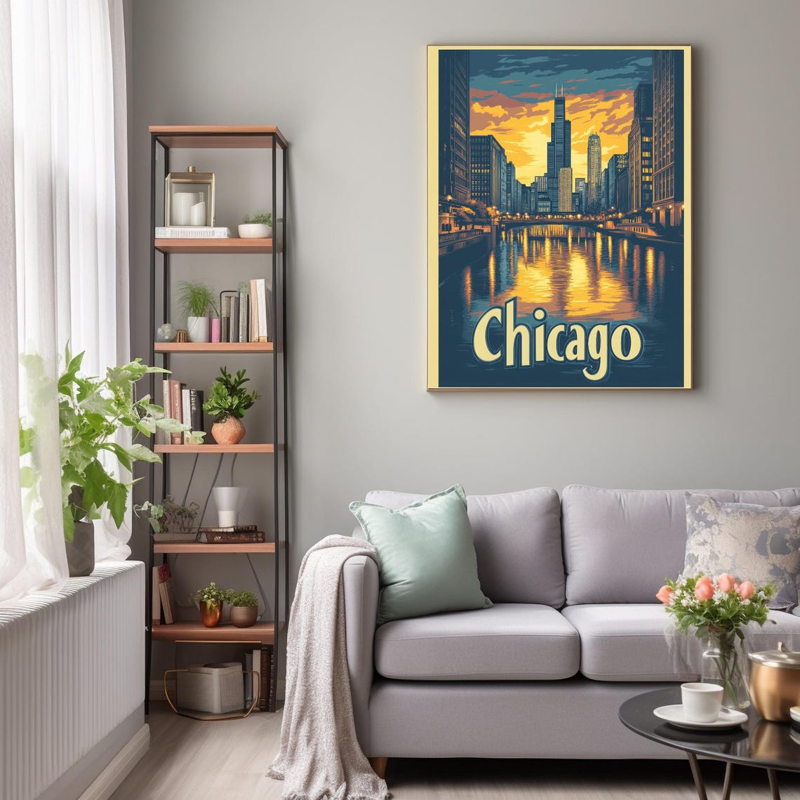 Chicago Skyline At Sunset Retro Vintage Travel Poster Style With Bold Chicago Typography Art Print - Image 2