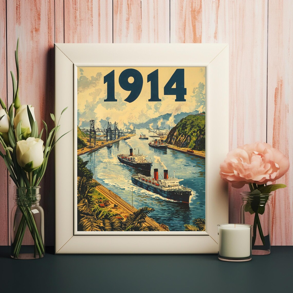 1914 Vintage Waterway Scene, Tropical Landscape Art Print