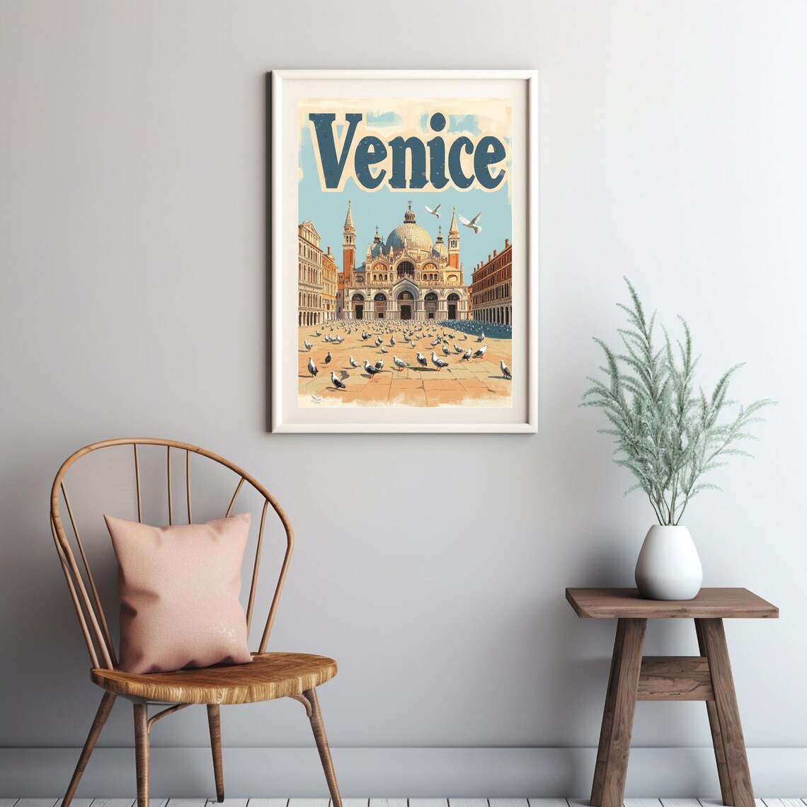 Venice Saint Marks Basilica With Pigeons In The Square Vintage Poster