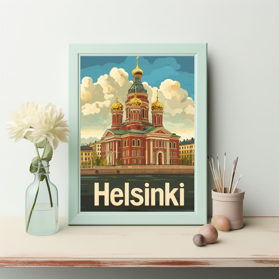 Vibrant Helsinki Cathedral Illustration A Nostalgic Travel Poster With Reflection In Water And Serene Sky