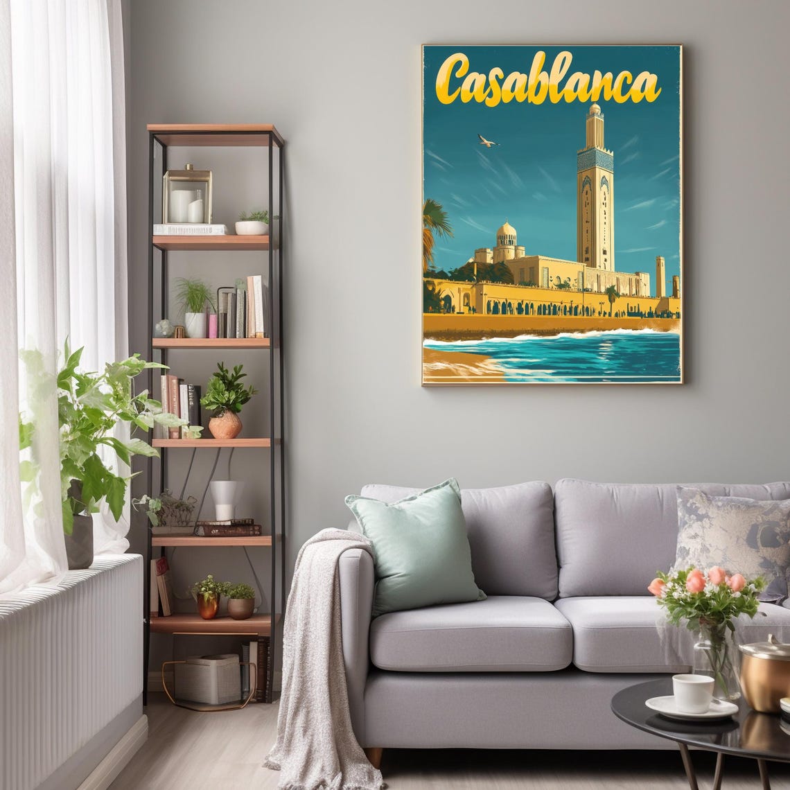 Vibrant Vintage Casablanca Illustration With Iconic Architecture And Sandy Beach A Nostalgic Travel Poster Art - Image 2