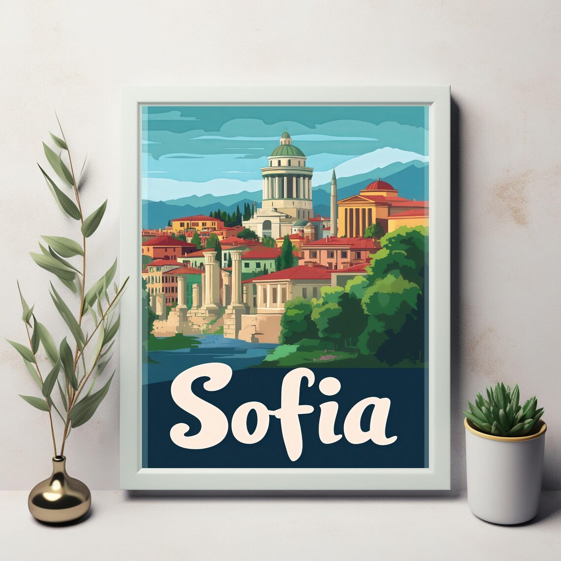 Retro Sofia Cityscape Illustration, Travel Poster