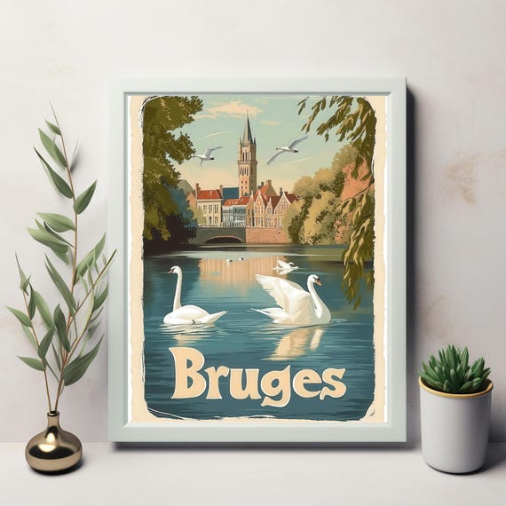 Explore The Enchanting Beauty Of Bruges Vintage Style Illustration With Serene Waterways And Charming Architecture