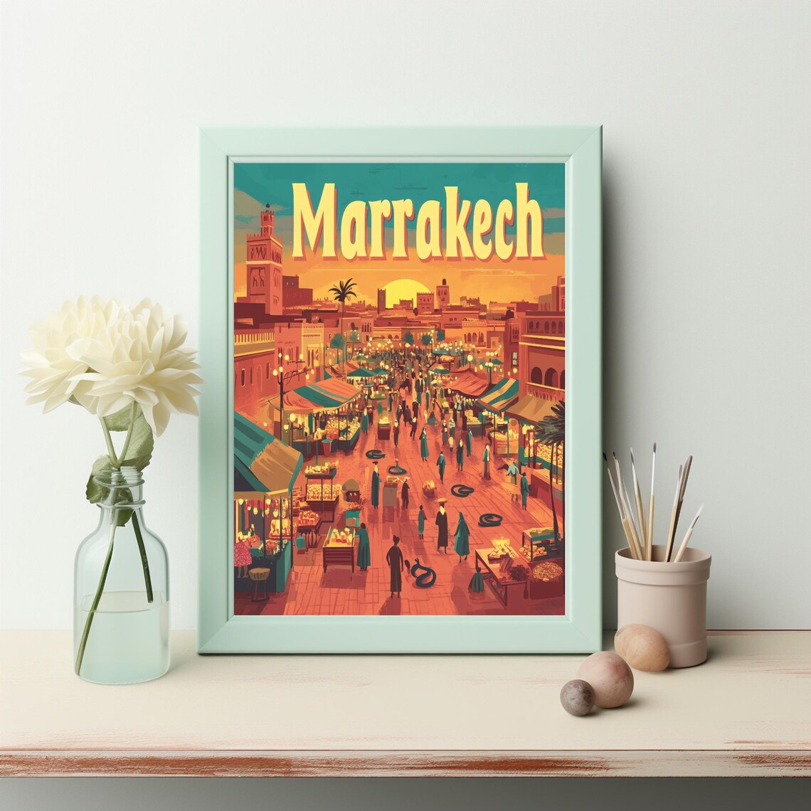 Vibrant Marrakech Market Scene At Sunset A Festive Art Print For Instant