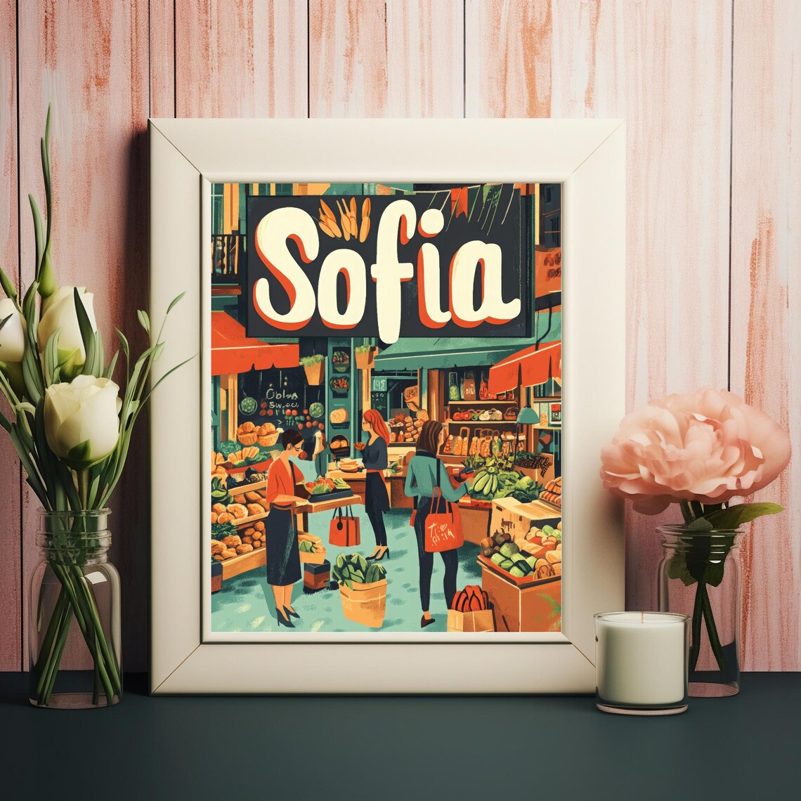 Sofia Fresh Produce Market Shoppers Retro Travel Poster with Women and Bright Stalls